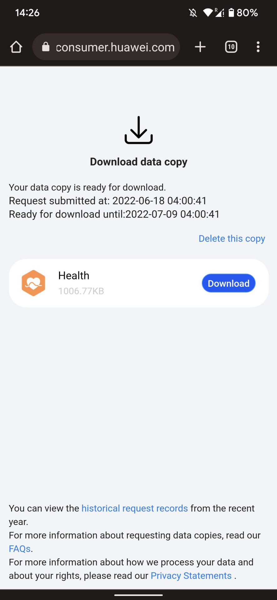 HUAWEI Health download data copy