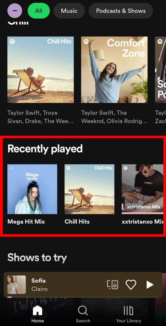 Spotify app home screen recently played
