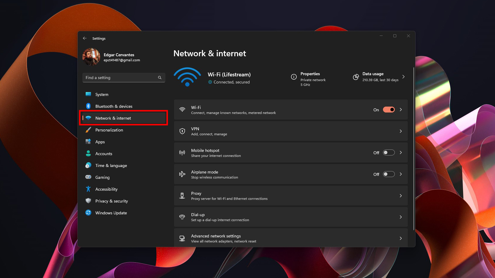 Network and internet settings in Windows
