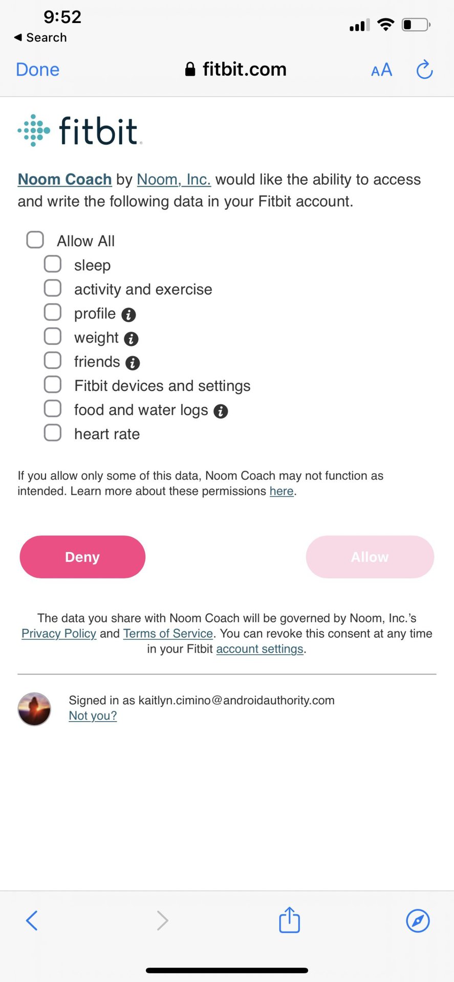 An iPhone displays the permissions options menu when connecting your Fitbit to the Noom app.