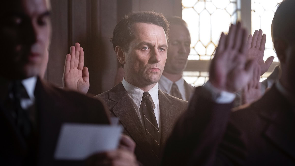 Matthew Rhys taking an oath in Perry Mason