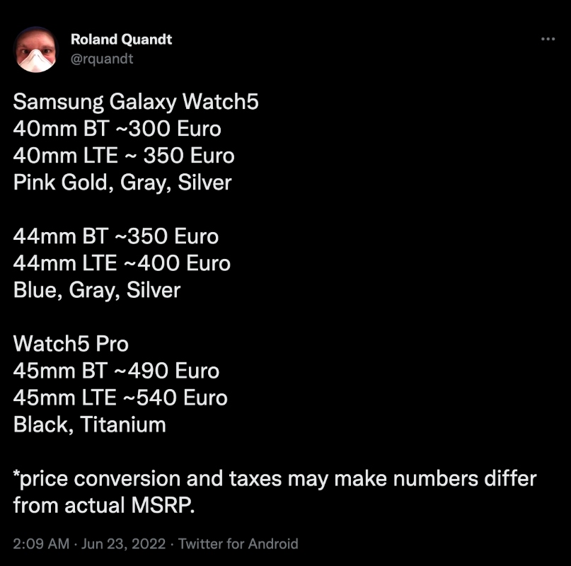 Prix ​​de la Samsung Galaxy Watch 5