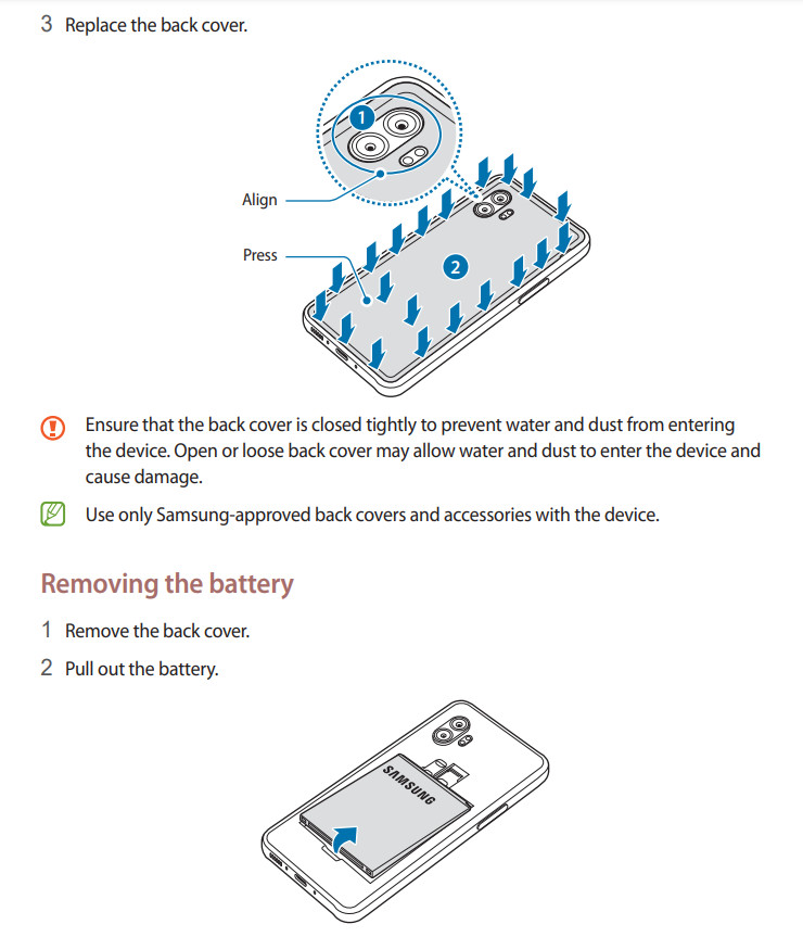 Samsung Galaxy Xcover 6 Pro manual de usuario batería extraíble 1