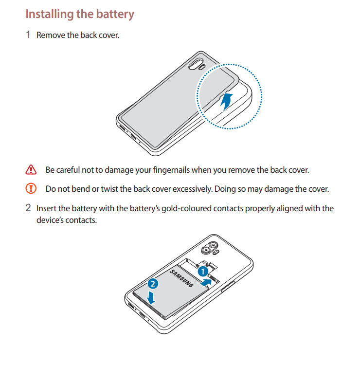 Batería extraíble en el manual del Samsung Galaxy Xcover 6 Pro