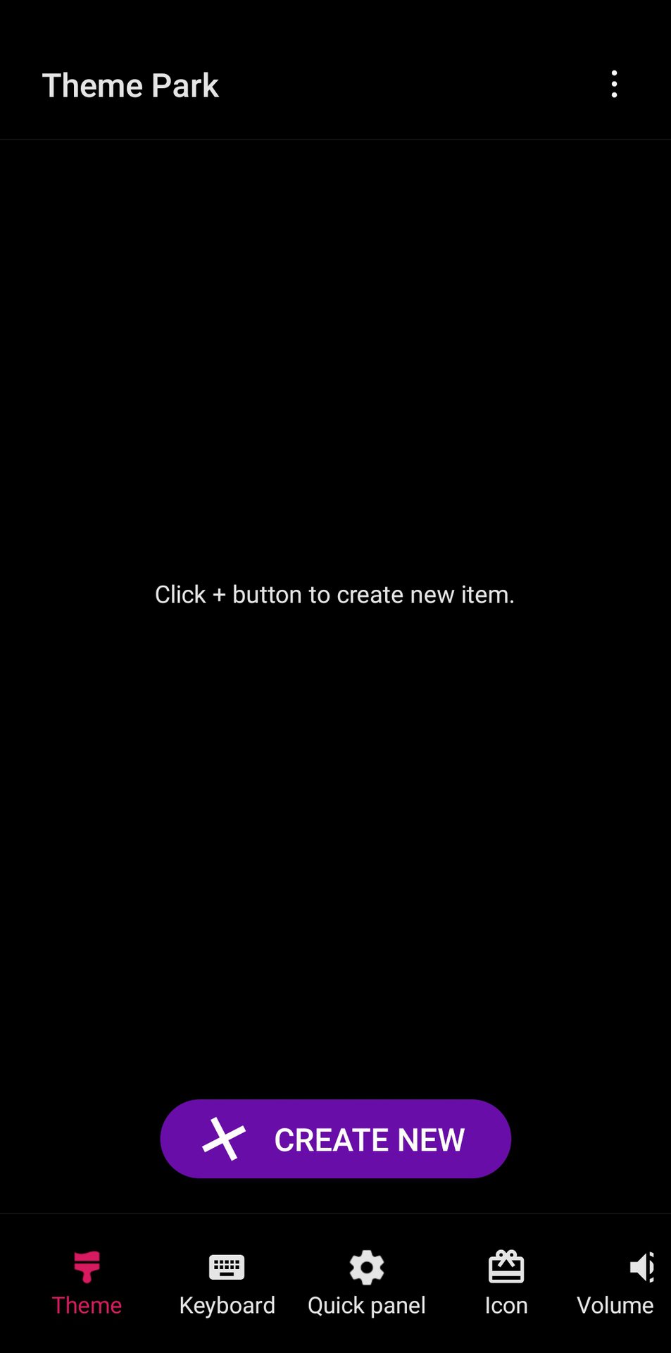 Samsung Theme Park start screen with "create new" button.