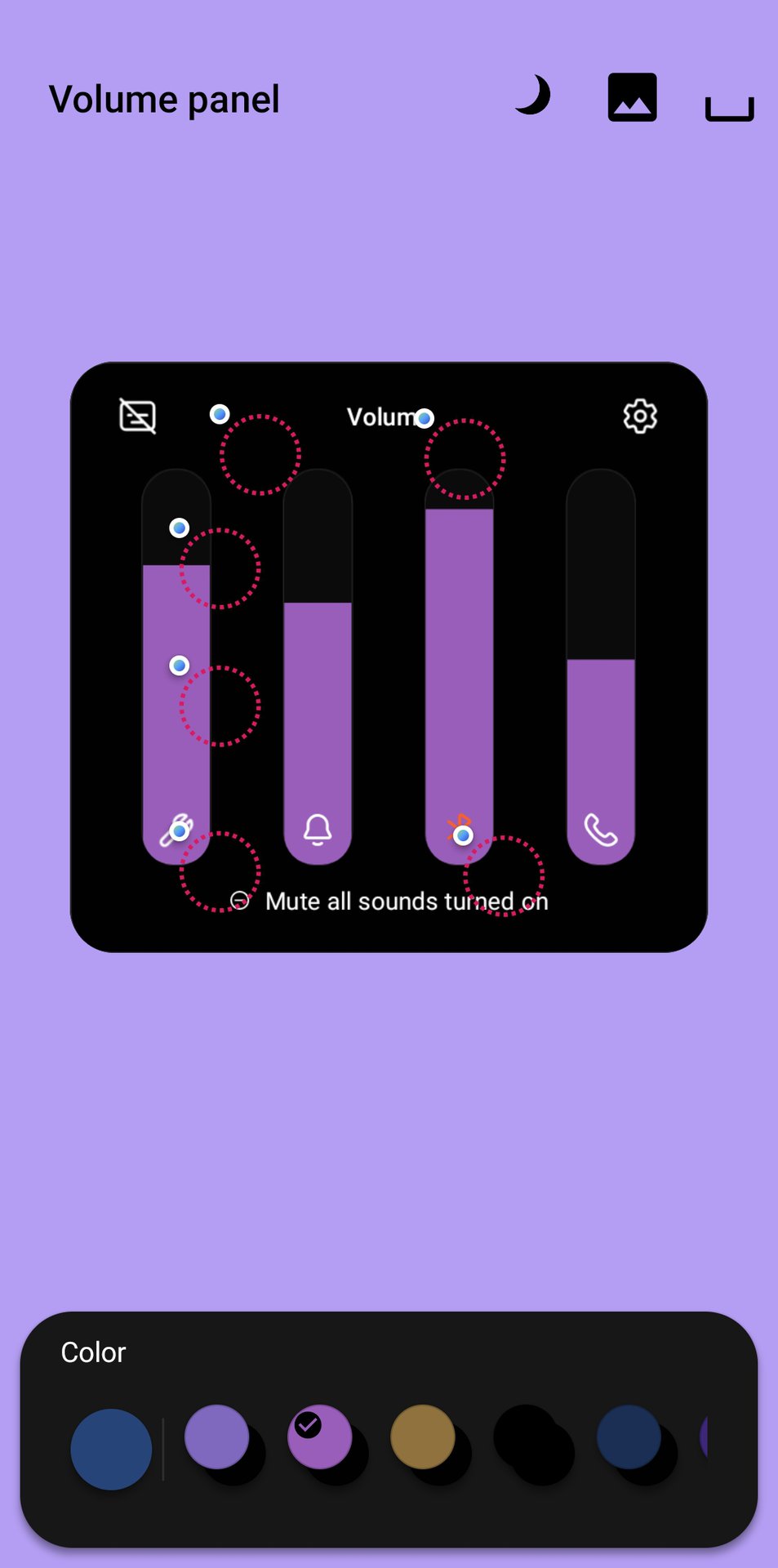 Setting the colors for the volume panel in the Samsung Theme Park app.