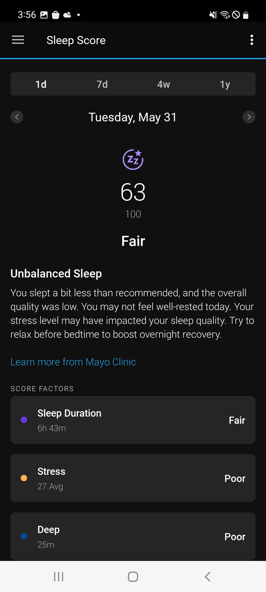 The Garmin Connect App depicts a user's Sleep Score as 63, or Fair.