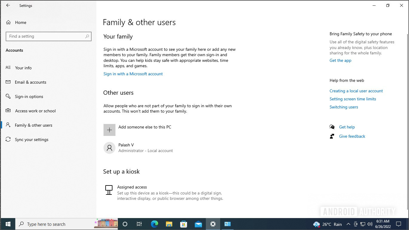 Windows 10 Users settings list