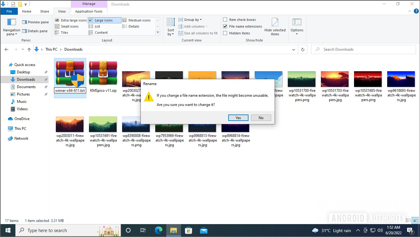 Windows 10 explorer change file extension warning