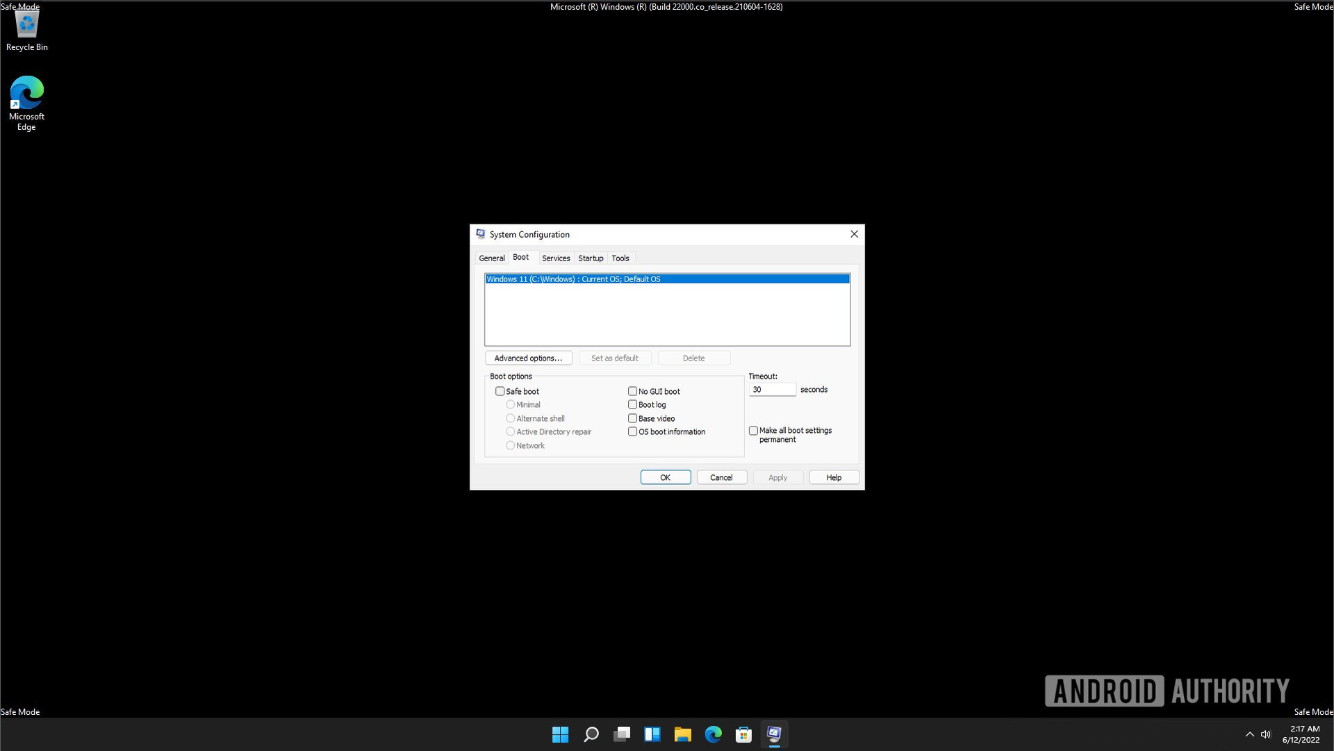 Windows 11 safe mode msconfig boot options