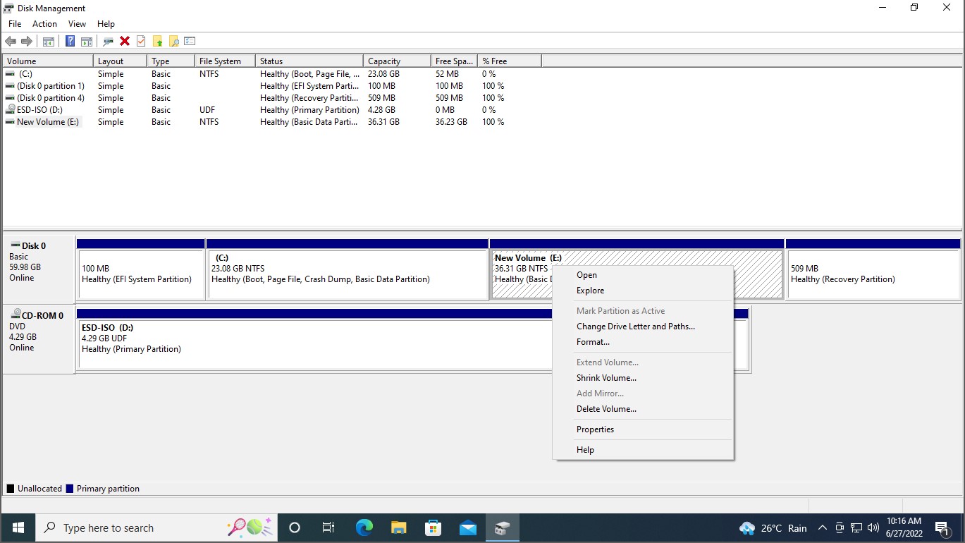 Windows disk management right click