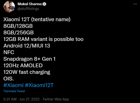 Xiaomi 12T Mukul Sharma Twitter