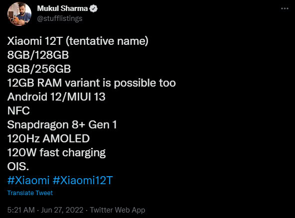 Xiaomi 12T Mukul Sharma Twitter