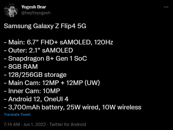Yogesh Brar Galaxy Z Flip 4 specs Twitter