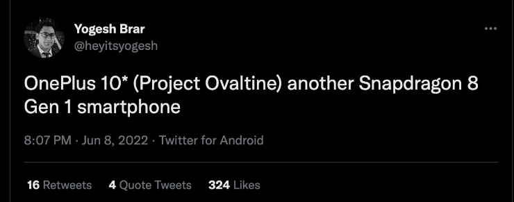 Yogesh Brar OnePlus 10T Ovaltine Tweet
