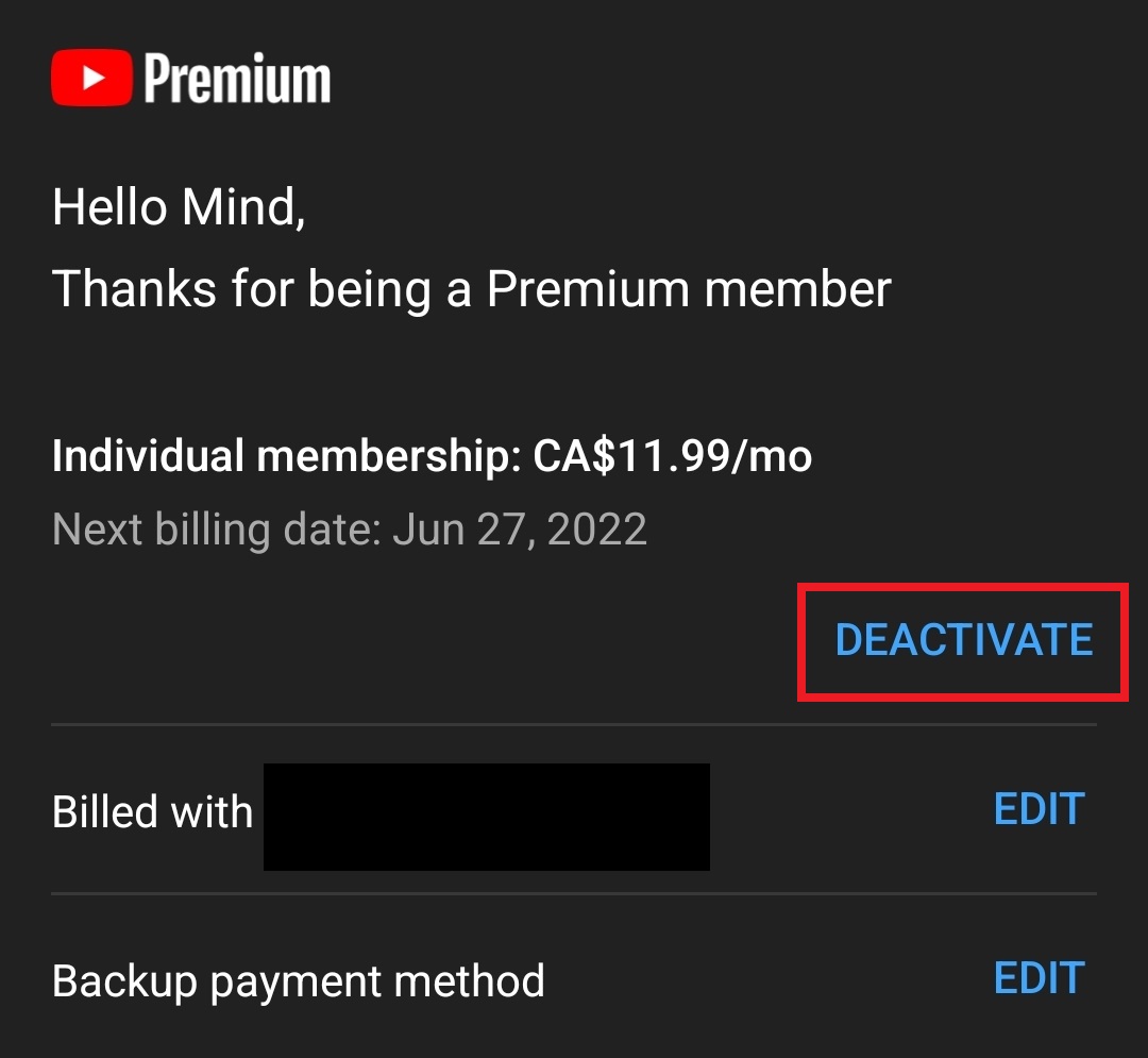 YouTube premium deactivate mobile