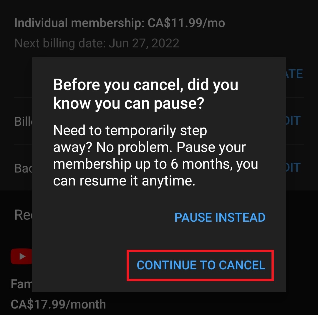 YouTube premium pause mobile