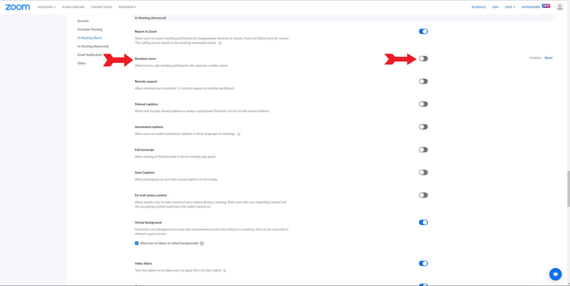 enabling breakout rooms in Zoom step 2