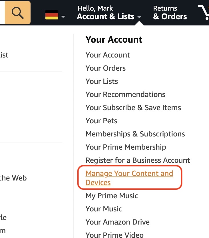 amazon account menu options