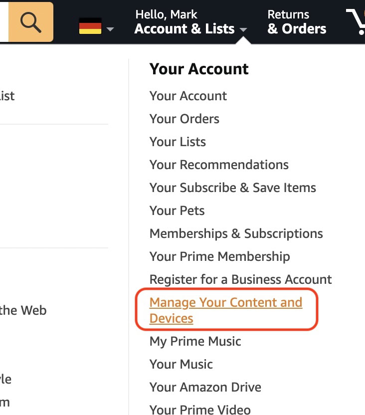 amazon account menu options