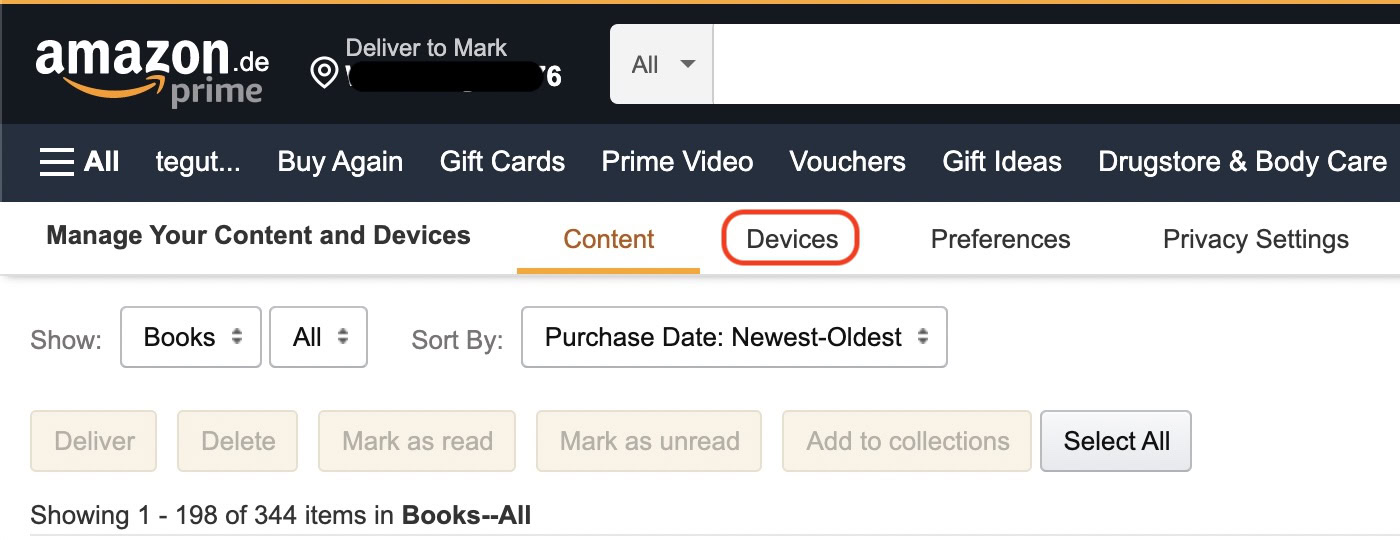 amazon devices section settings