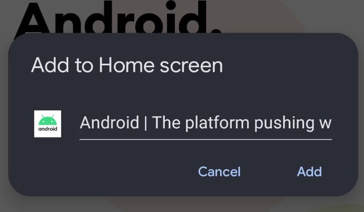 android add website to home screen confirm