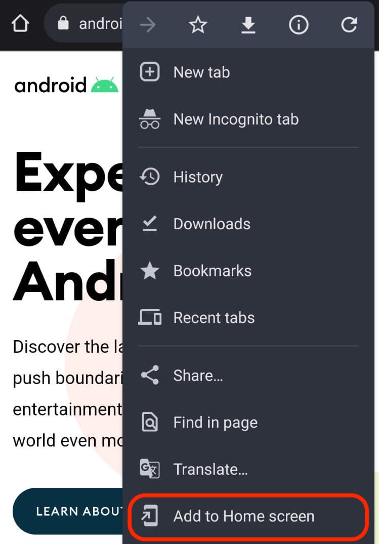 android add website to home screen menu