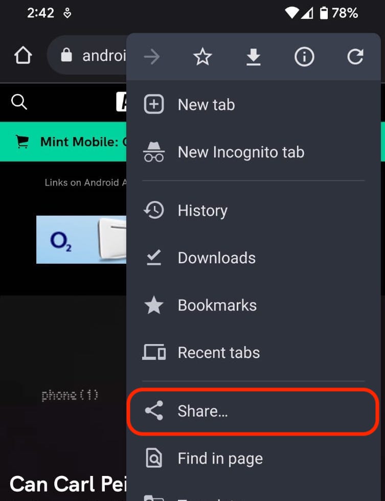 android google chrome share button