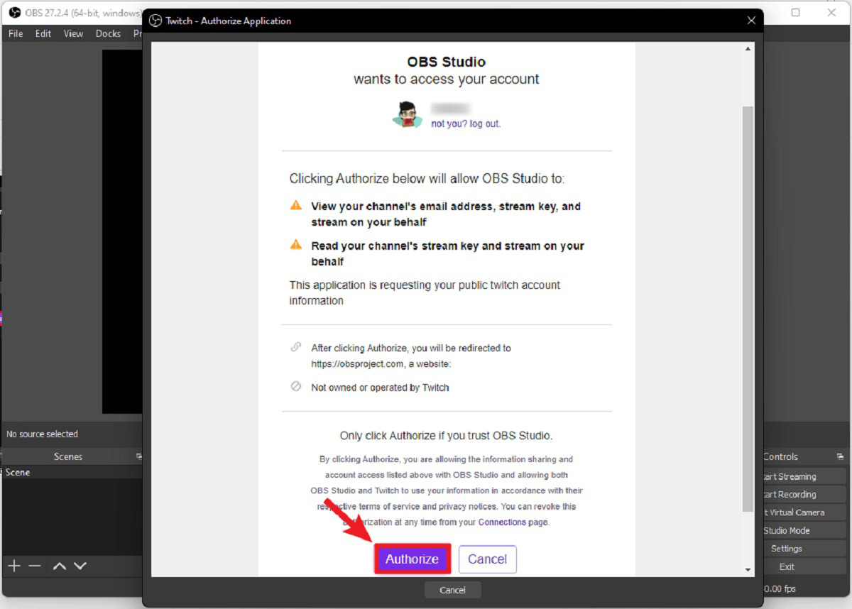 authorize twitch studio from the pop out