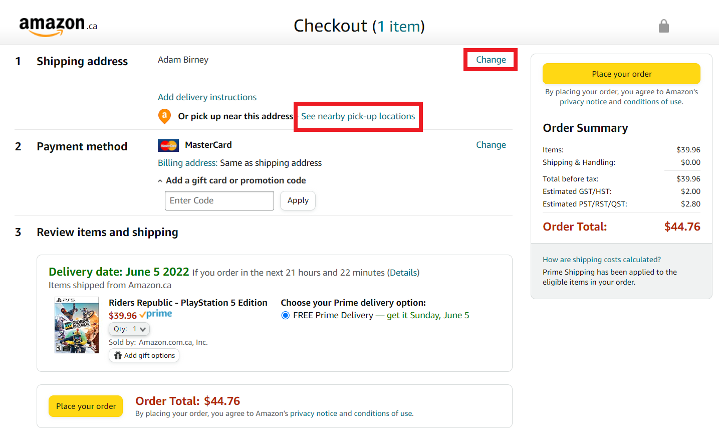 amazon checkout change shipping address