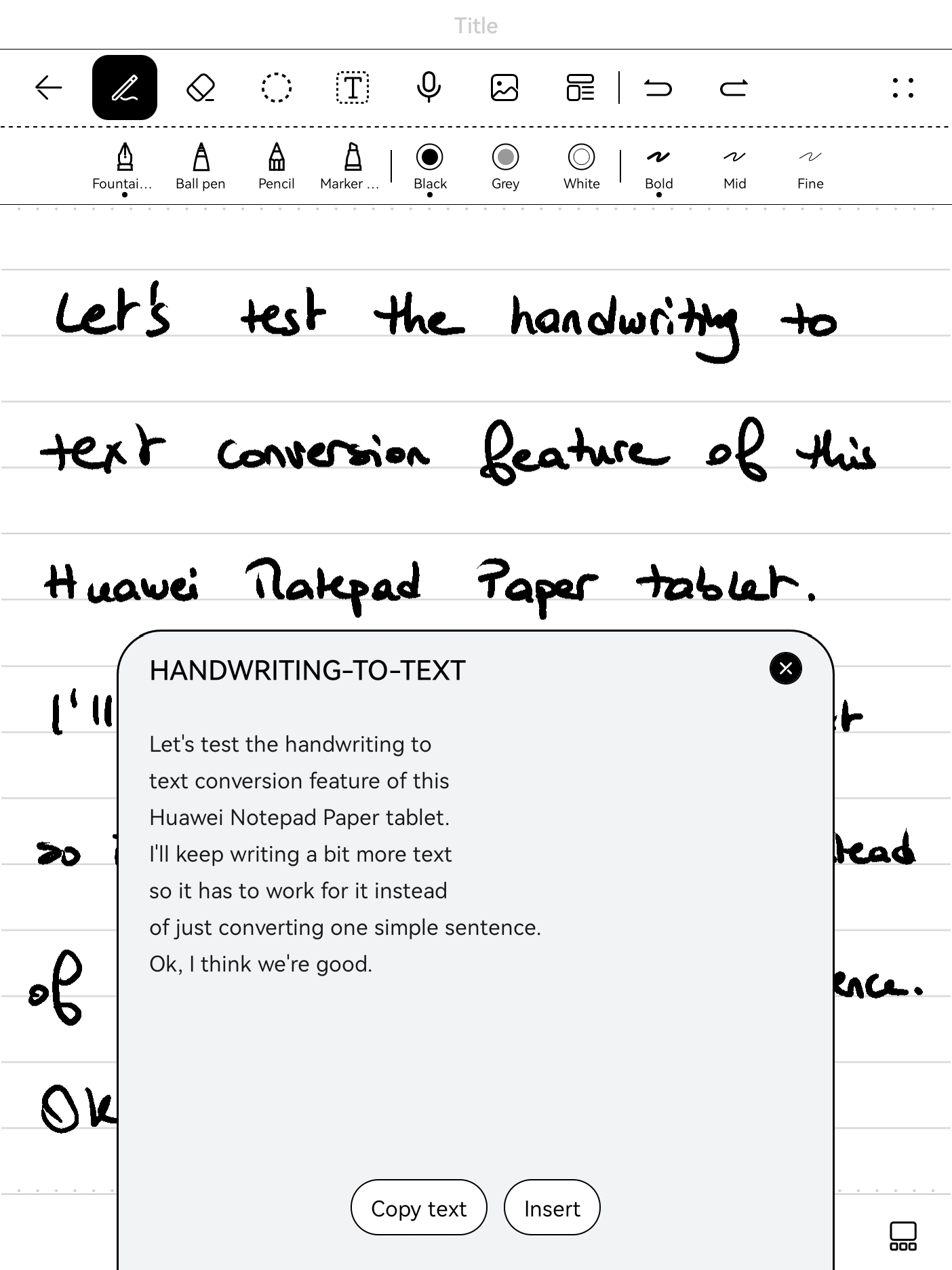 Huawei MatePad Paper handwritten note transcribed to text