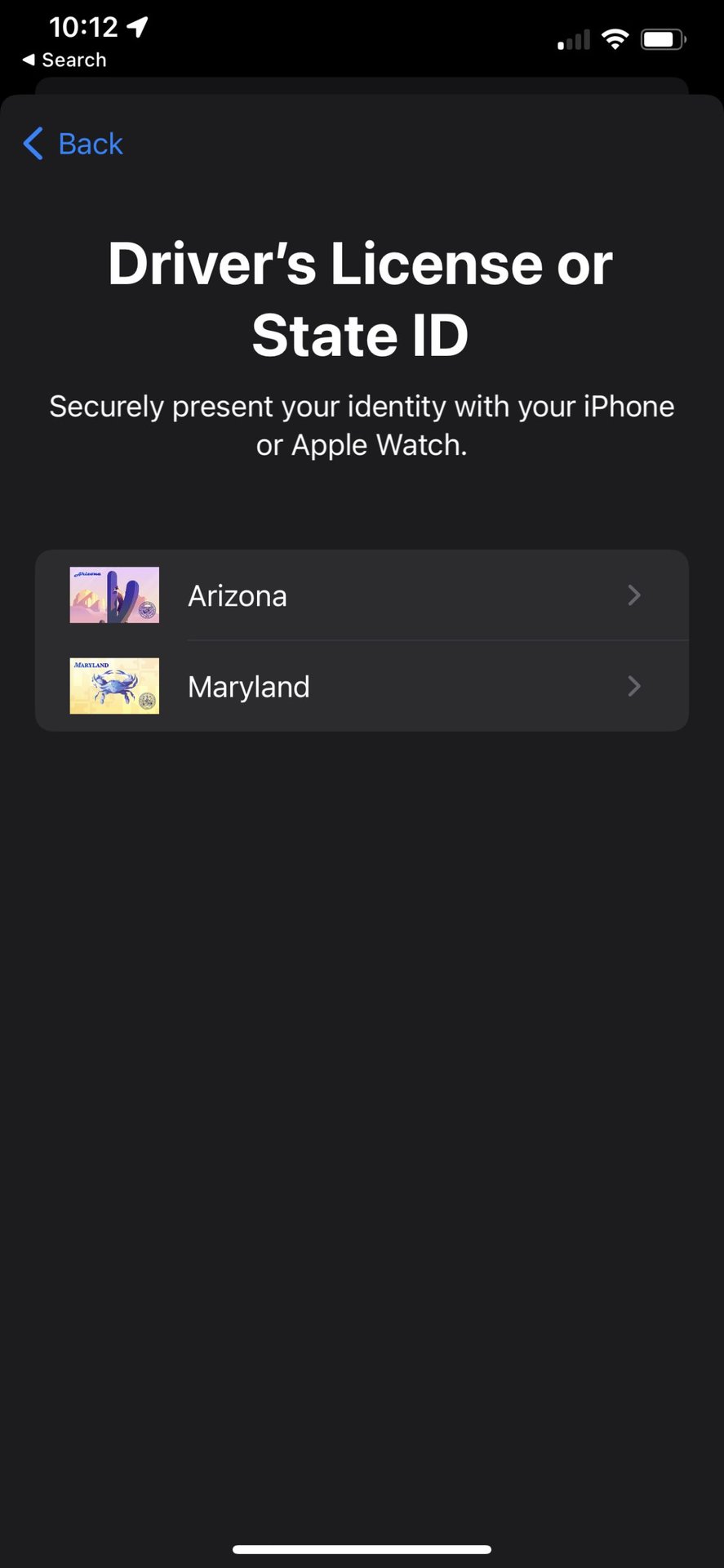 An iPhone 11 displaying the Select State screen in Apple Wallet.