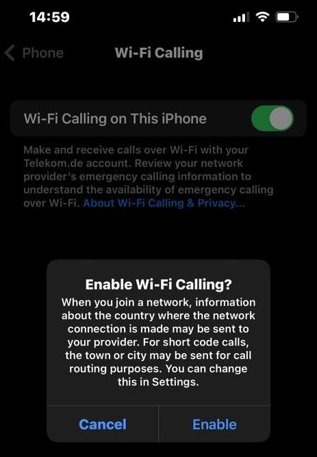ios enable wifi calls