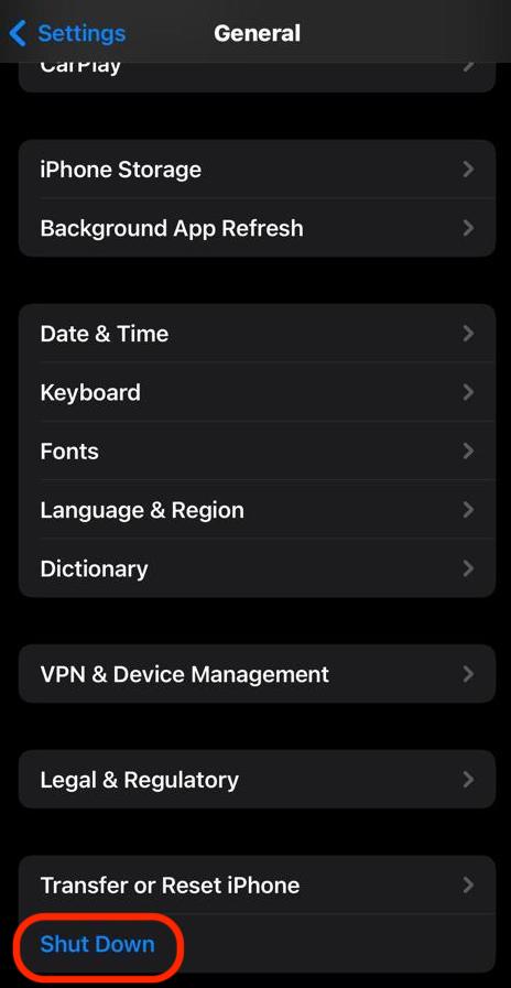 ios settings shut down