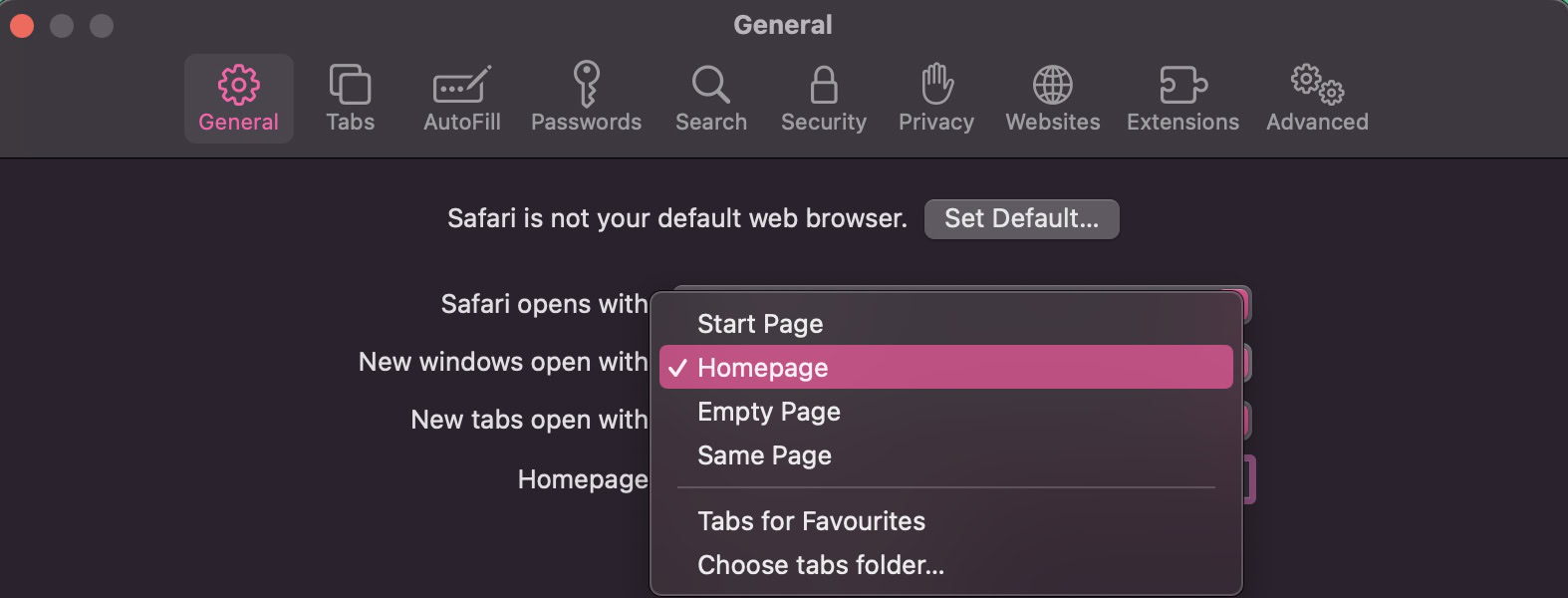 macos safari homepage prefs