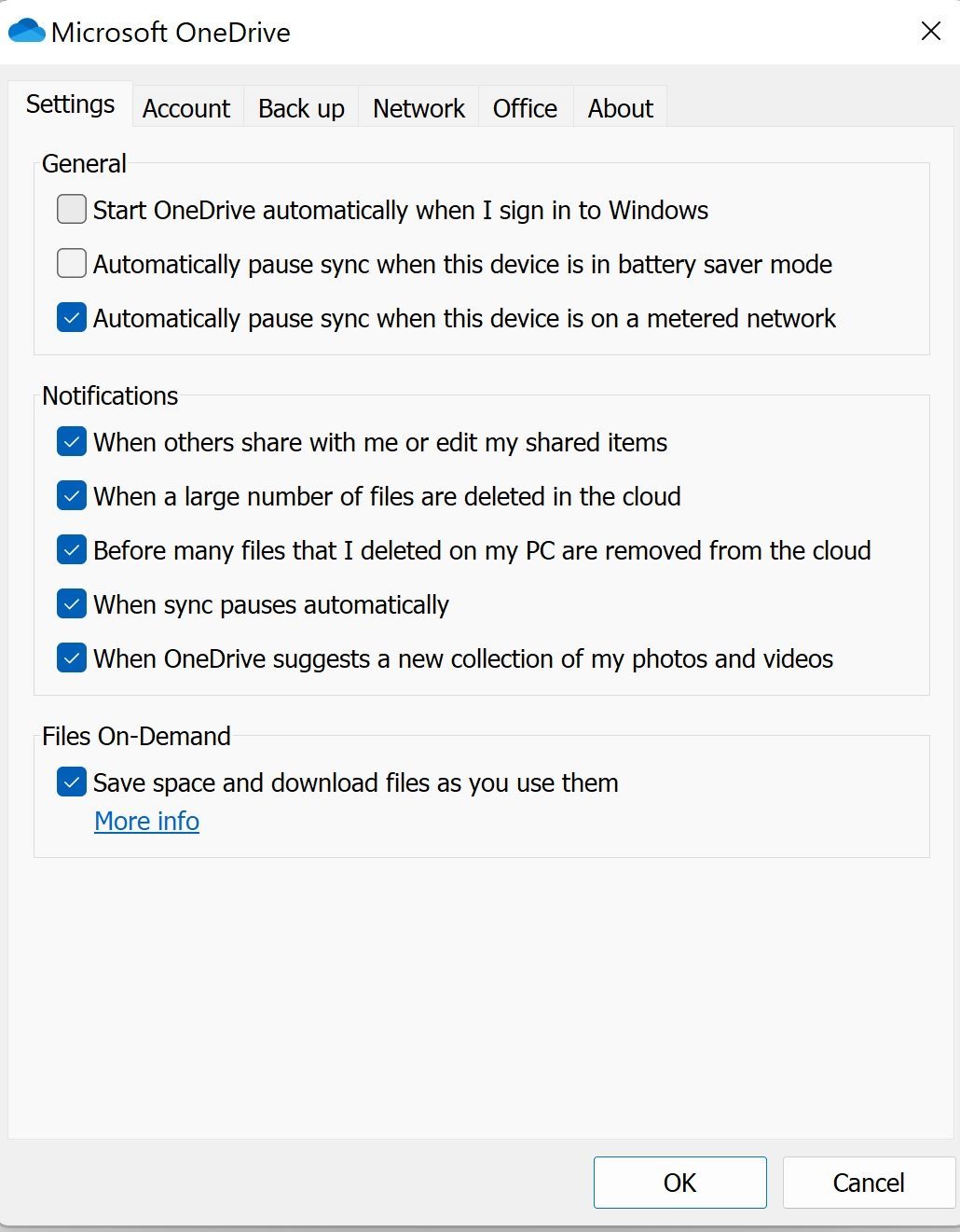 onedrive settings tab to stop it from automatically starting
