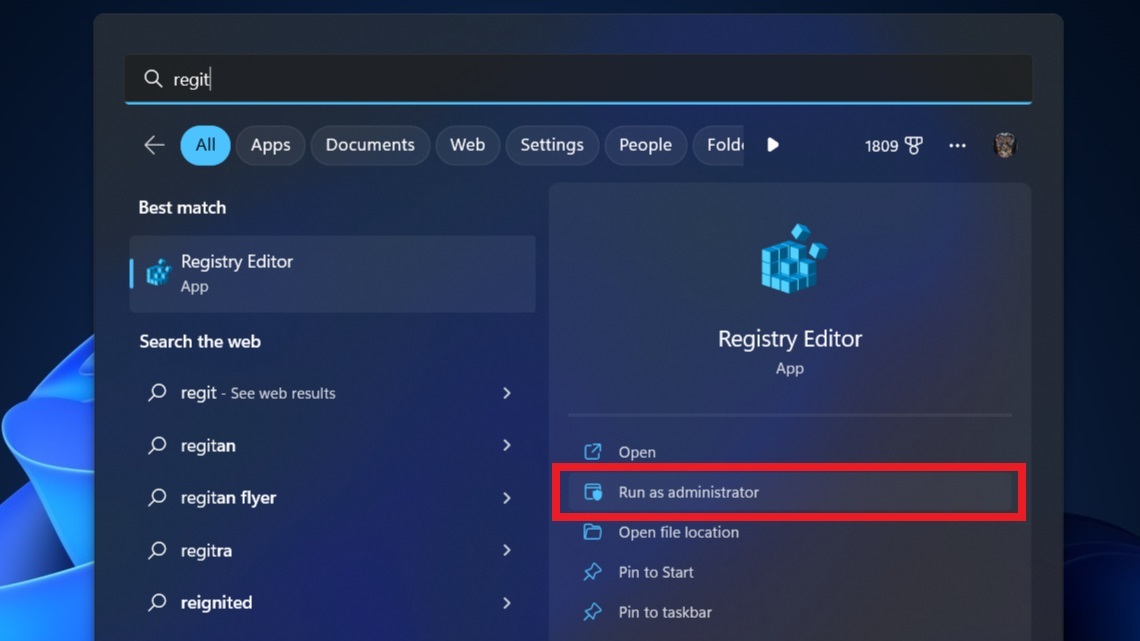 run registry editor as administrator windows 11