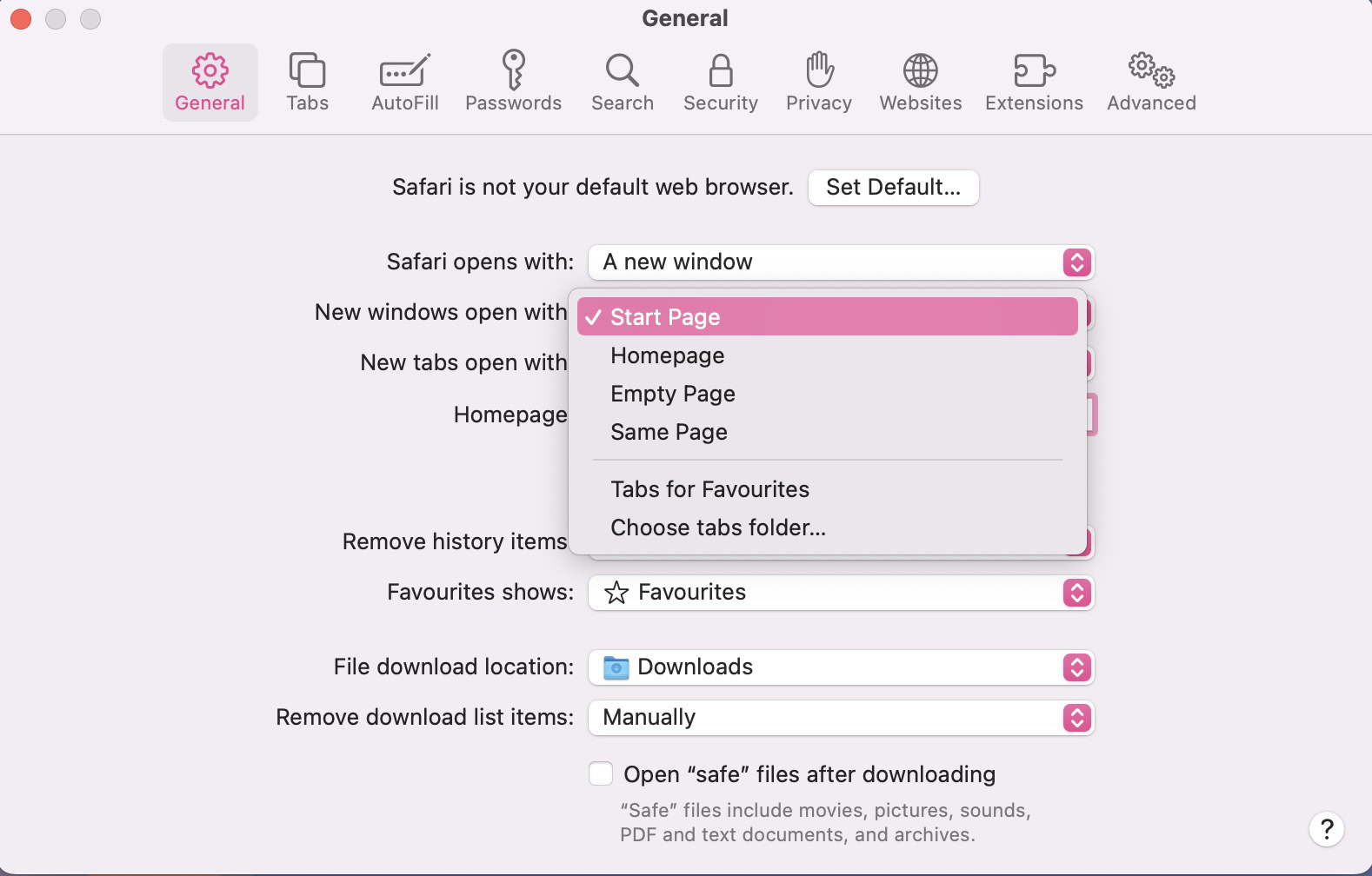 safari preferences start page