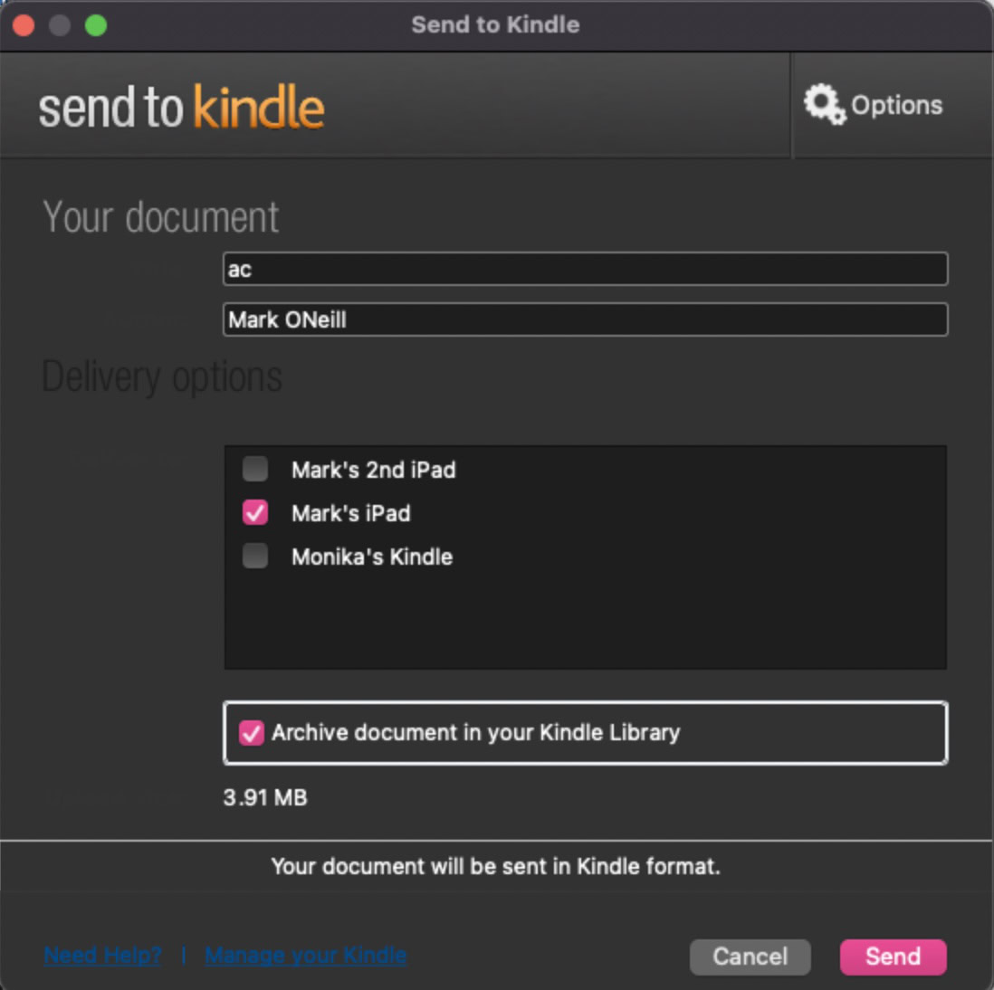 send pdf file to kindle