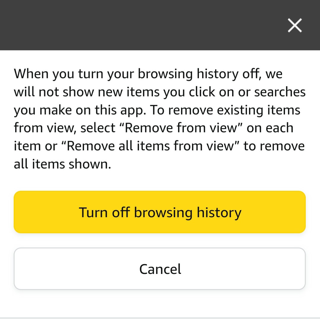 turn browsing history off Amazon Shopping