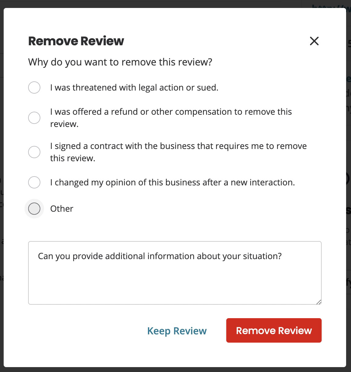 yelp review remove reason