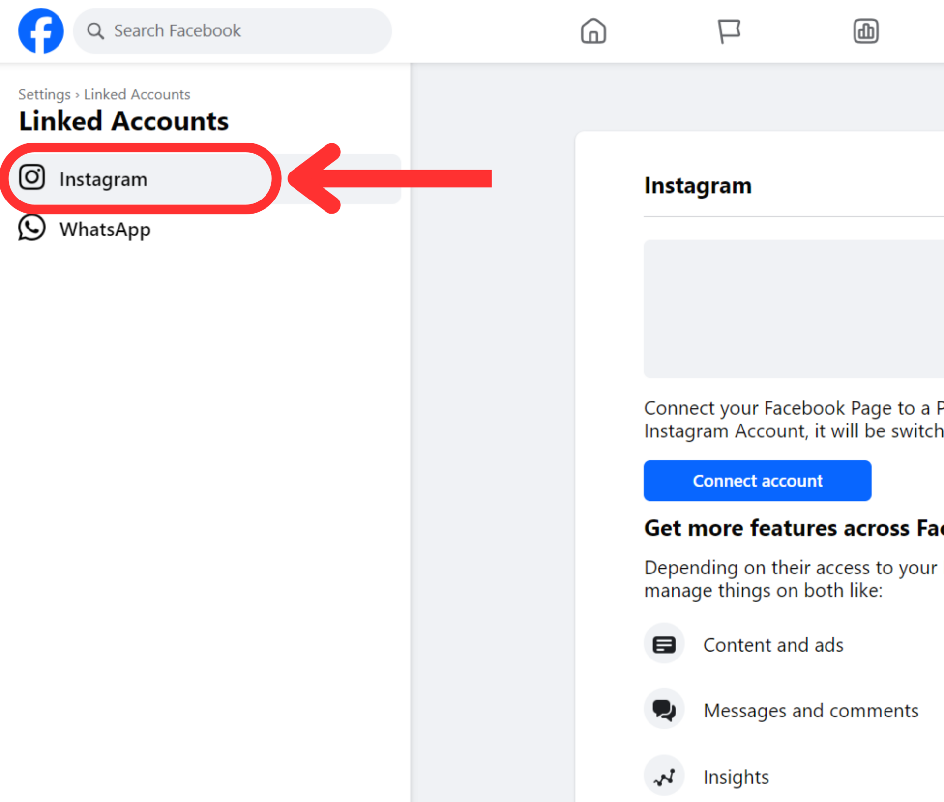 facebook page settings linked accounts instagram