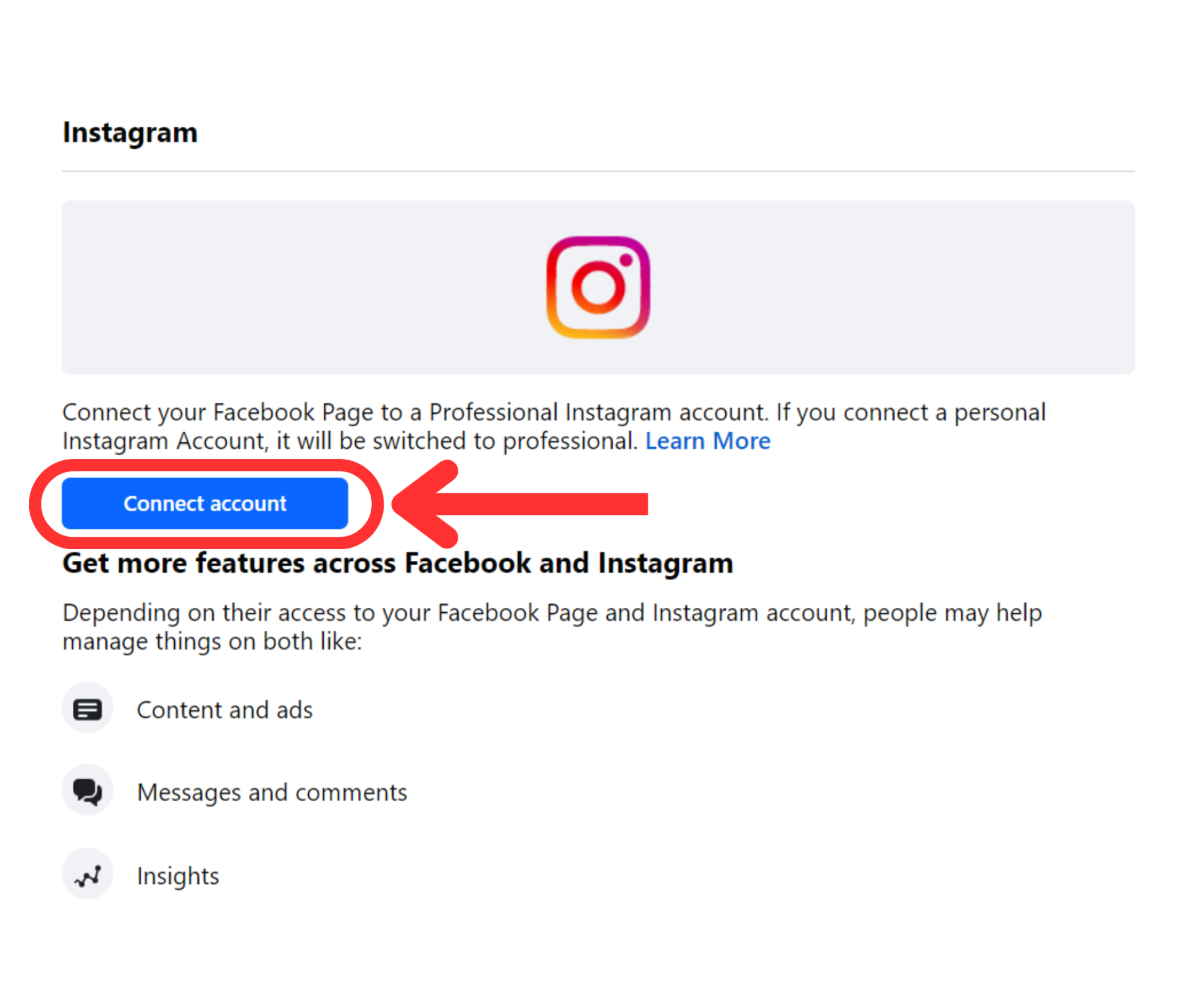 facebook page settings linked accounts instagram connect account button