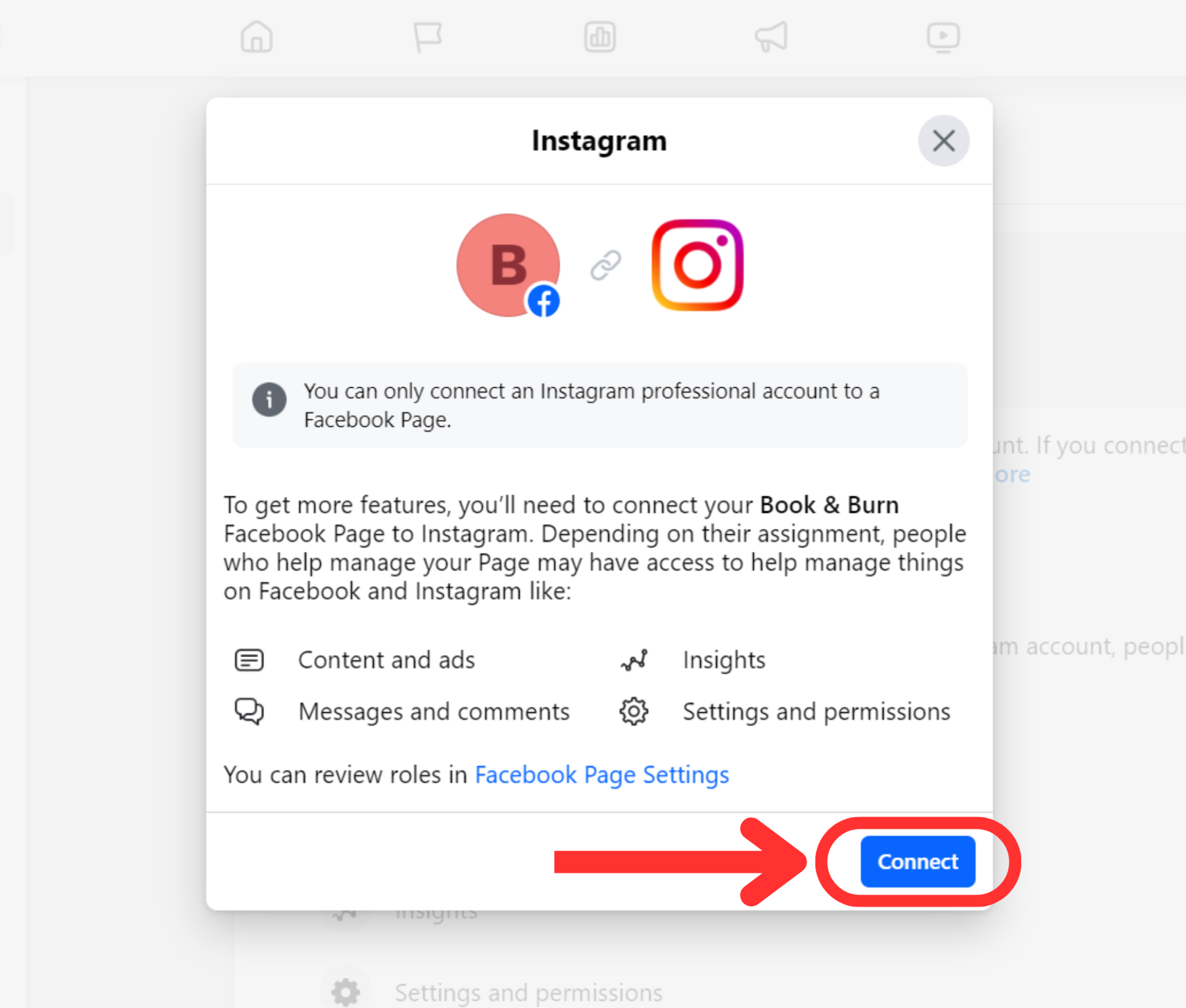 facebook page settings linked accounts instagram connect button