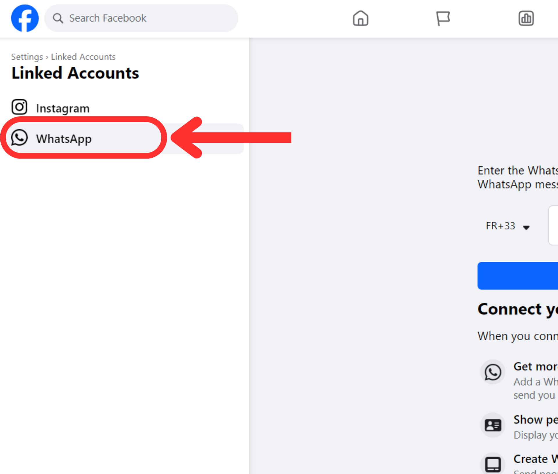 facebook page settings linked accounts whatsapp