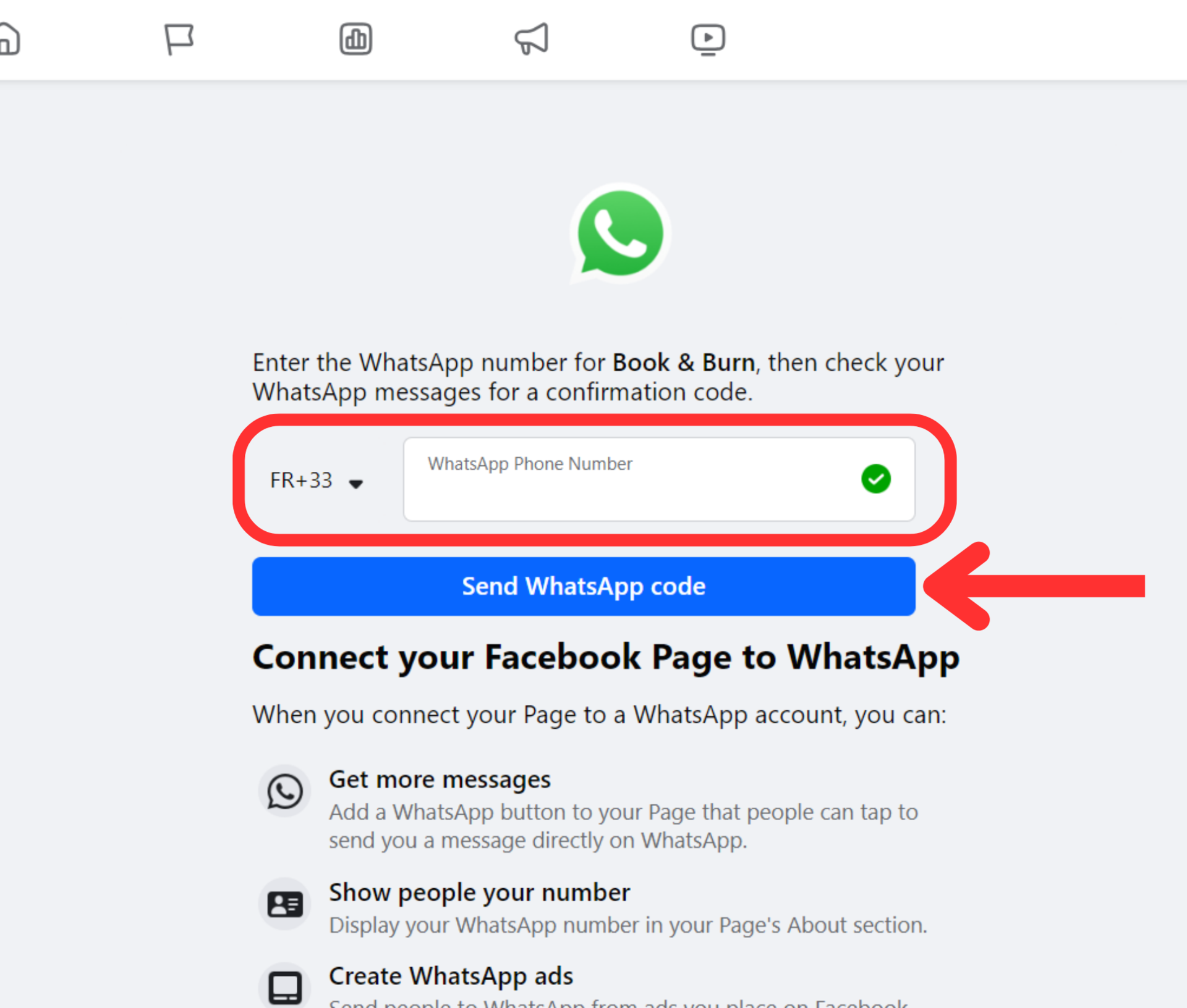 facebook page settings linked accounts whatsapp send code buttom