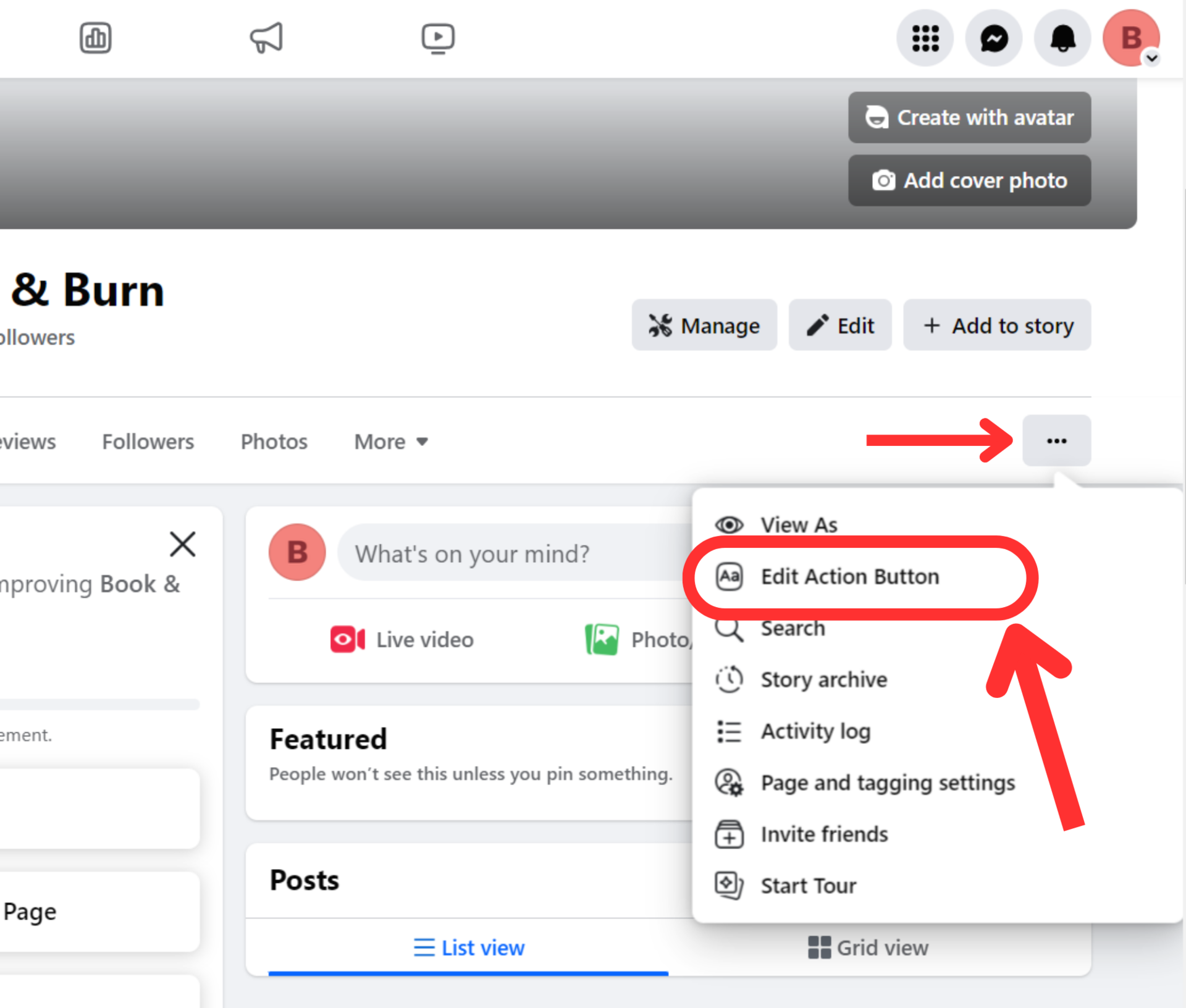 Facebook page options menu edit action button tab