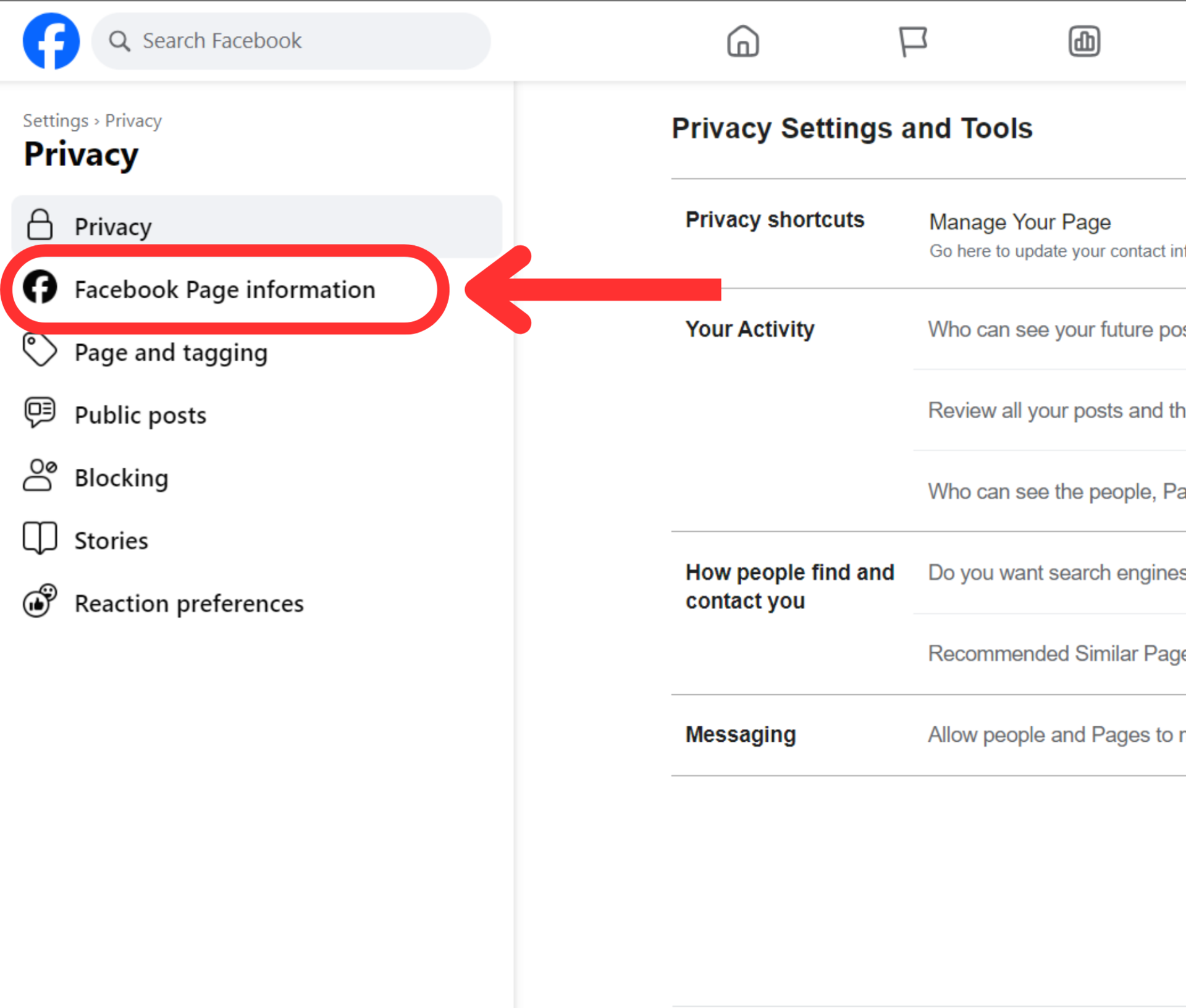 Facebook page settings privacy Facebook page information