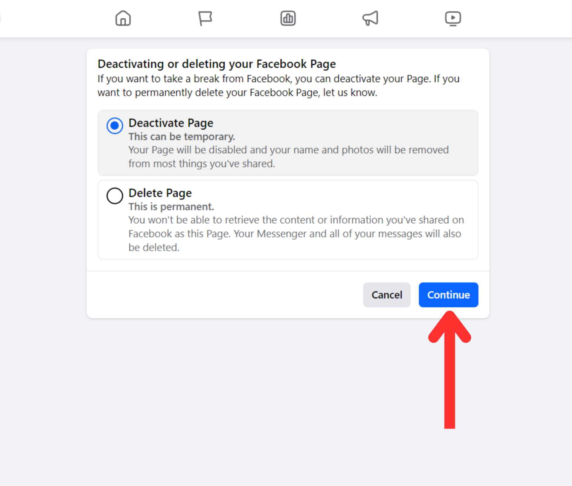 Facebook page privacy settings deactivation and deletion continue button