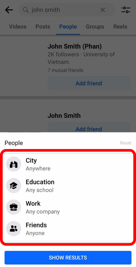 facebook app search people options